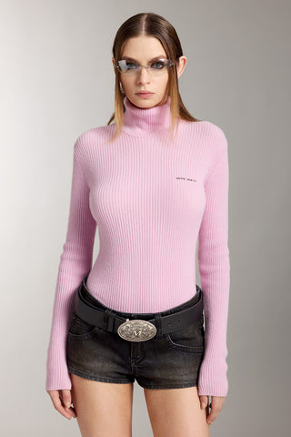 Turtleneck Wool Knit Top With Embroidered