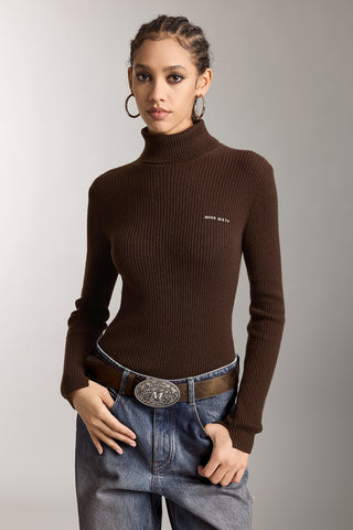 Turtleneck Wool Knit Top With Embroidered