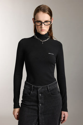 Mock Turtleneck Embroidered Knit Top