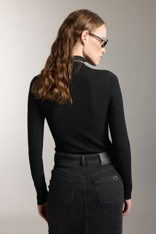 Mock Turtleneck Embroidered Knit Top