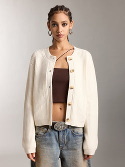 Crew Neck Cropped Wool Knitted Cardigan