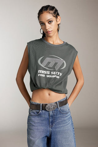 Printed Crew Neck Sleeveless T-Shirt