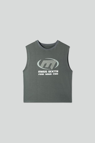 Printed Crew Neck Sleeveless T-Shirt