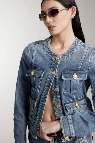 Crew Neck Cropped Cargo Denim Jacket