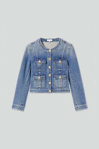 Crew Neck Cropped Cargo Denim Jacket