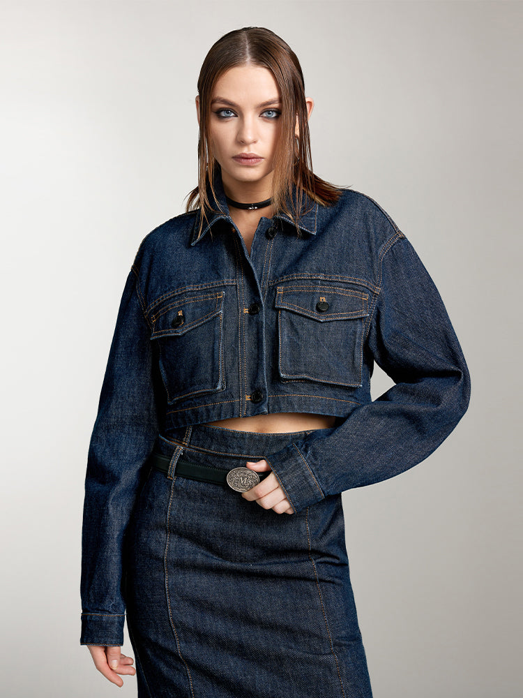 Cargo Style Denim Jacket With Pockets