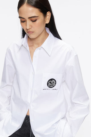 Miss Sixty X Keith Haring Capsule Collection Relaxed Long Shirt With Embroidered Medallion