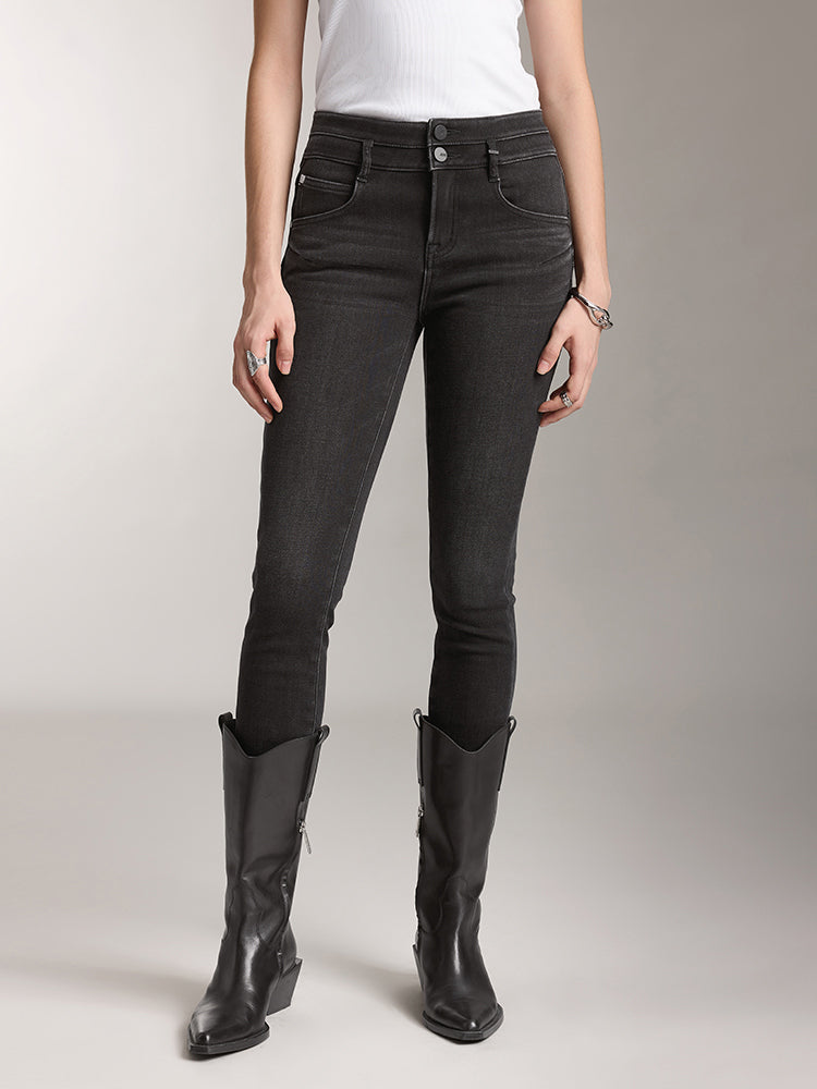 Double Button Jeans In Black And Grey Colour