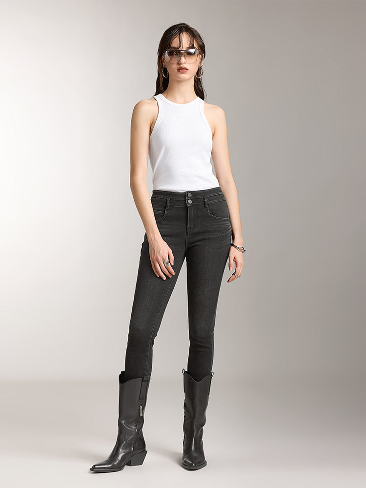 Double Button Jeans In Black And Grey Colour