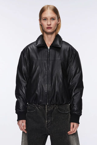 Funnel Neck Leather Bomber Jacket