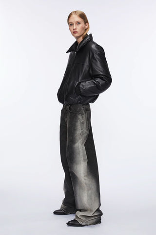 Funnel Neck Leather Bomber Jacket