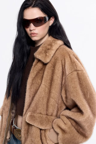 Funnel Neck Faux Fur Coat