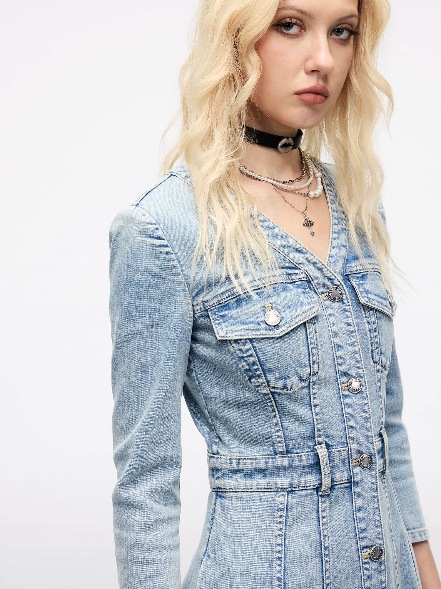 Waist-Tied Pleated Denim Dress