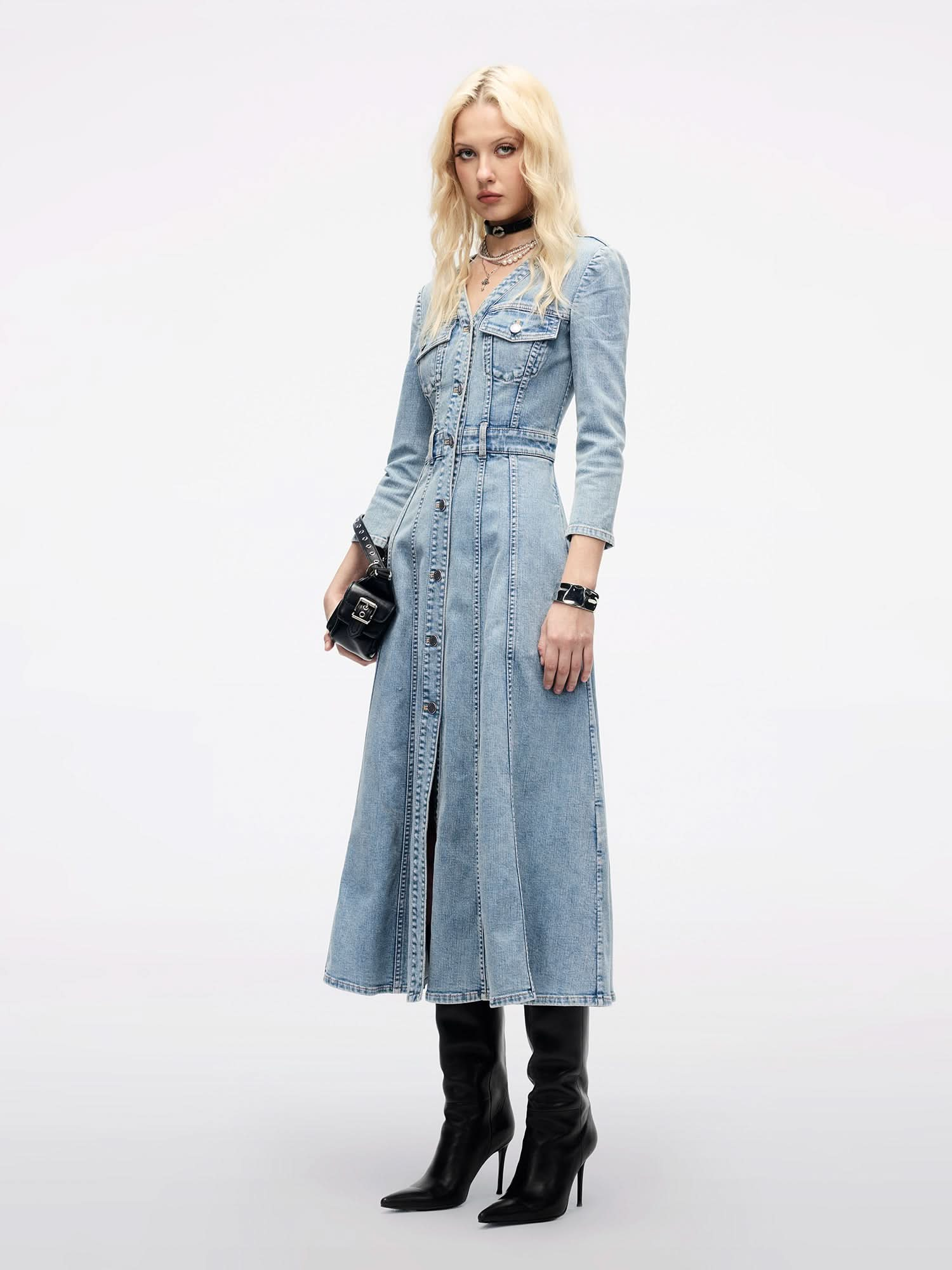 Waist-Tied Pleated Denim Dress