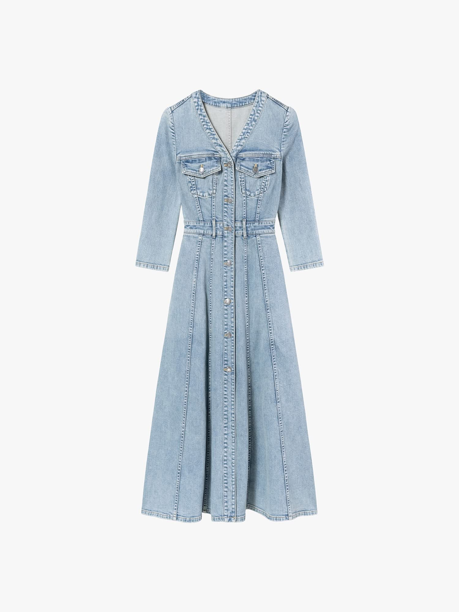 Waist-Tied Pleated Denim Dress