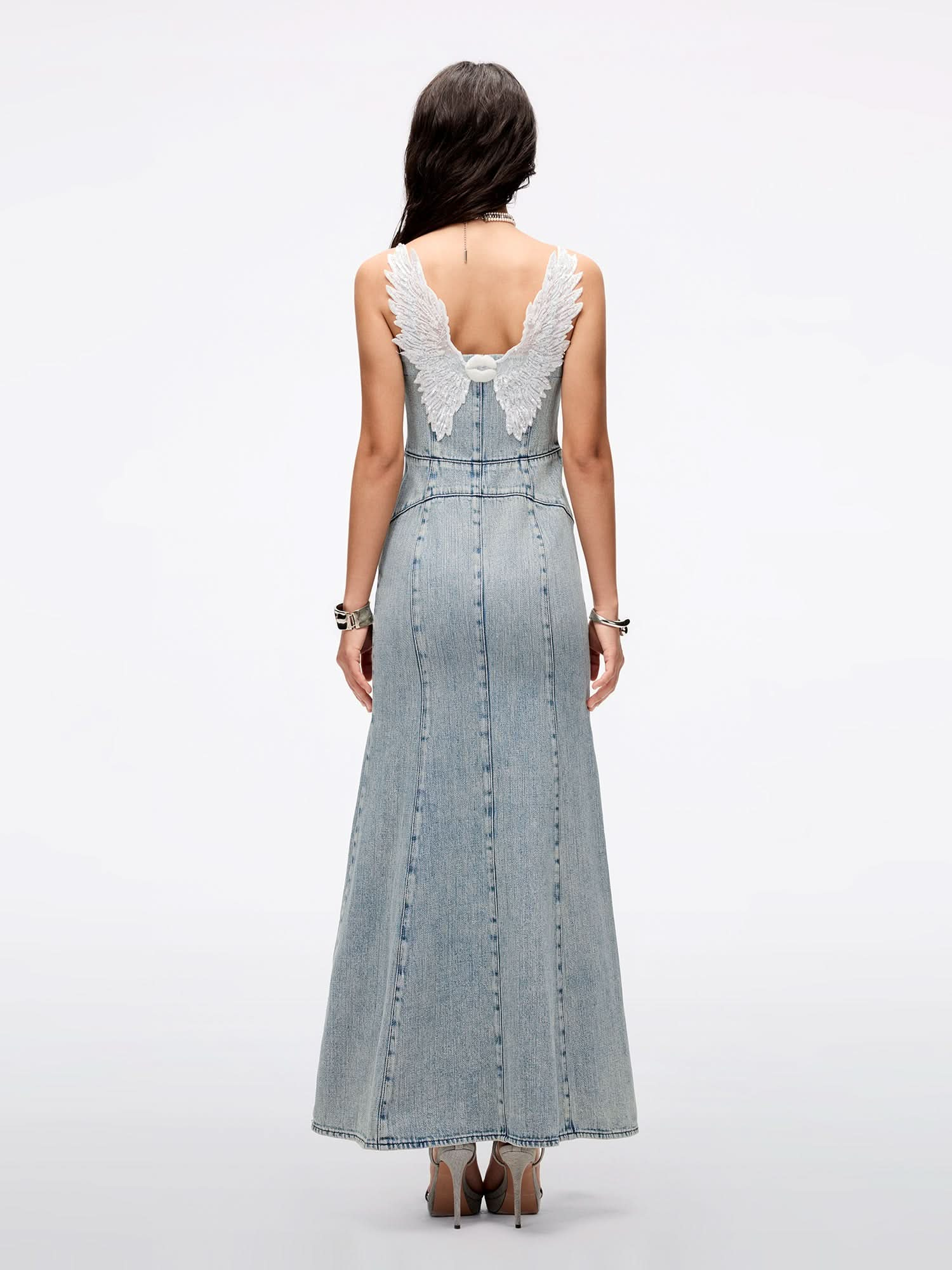 Wing-Embellished Beaded Slip Dress