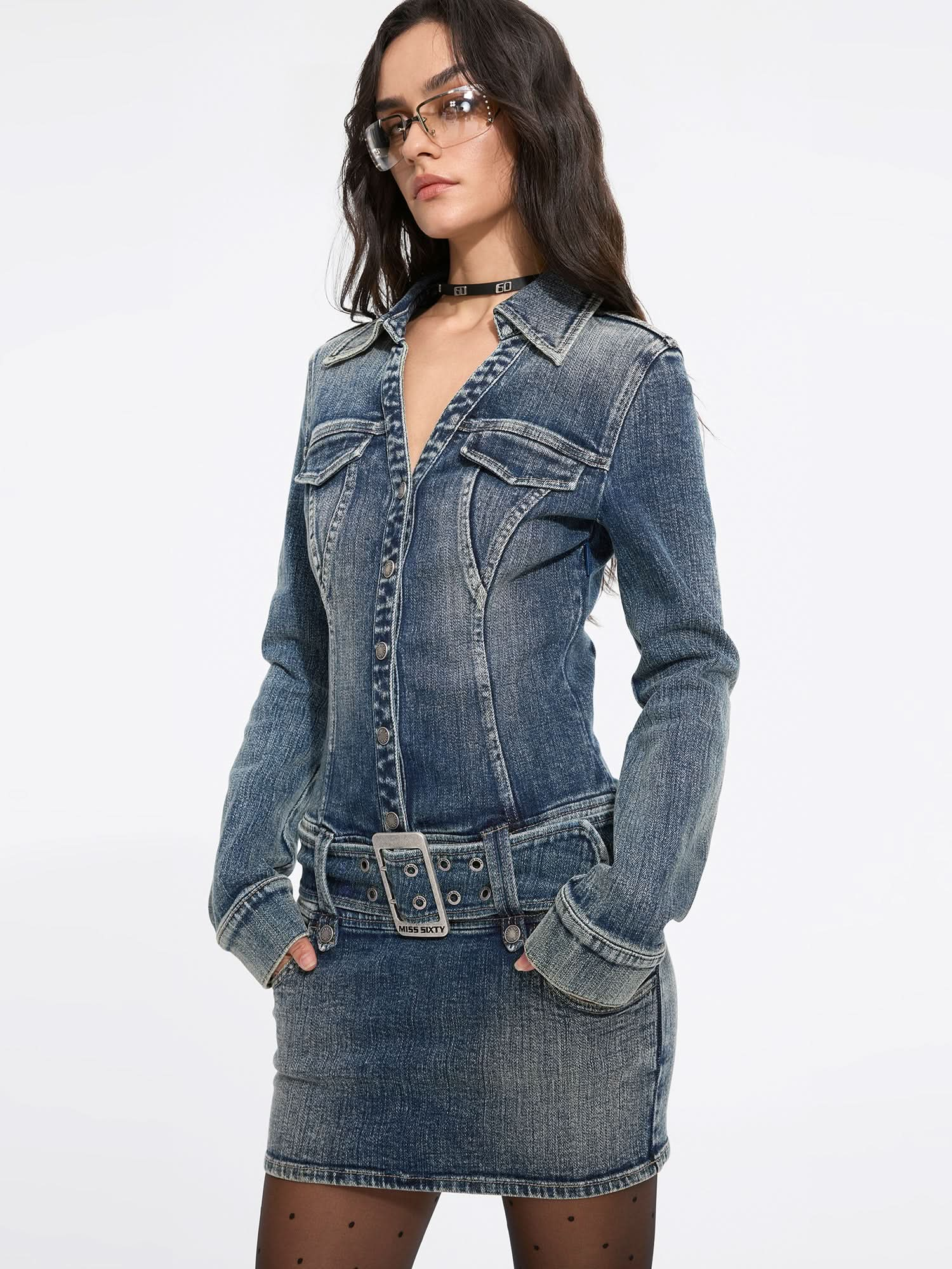 V-Neck Denim Dress with Wide Belt