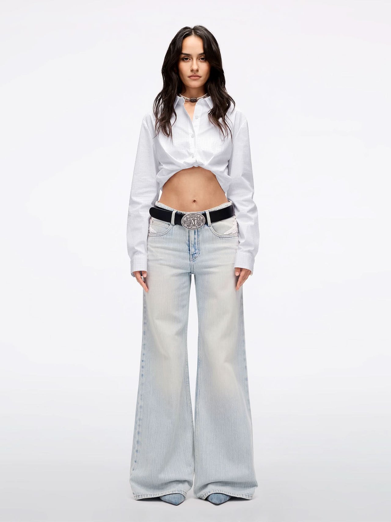 Wing-Embellished Beaded Flared Jeans