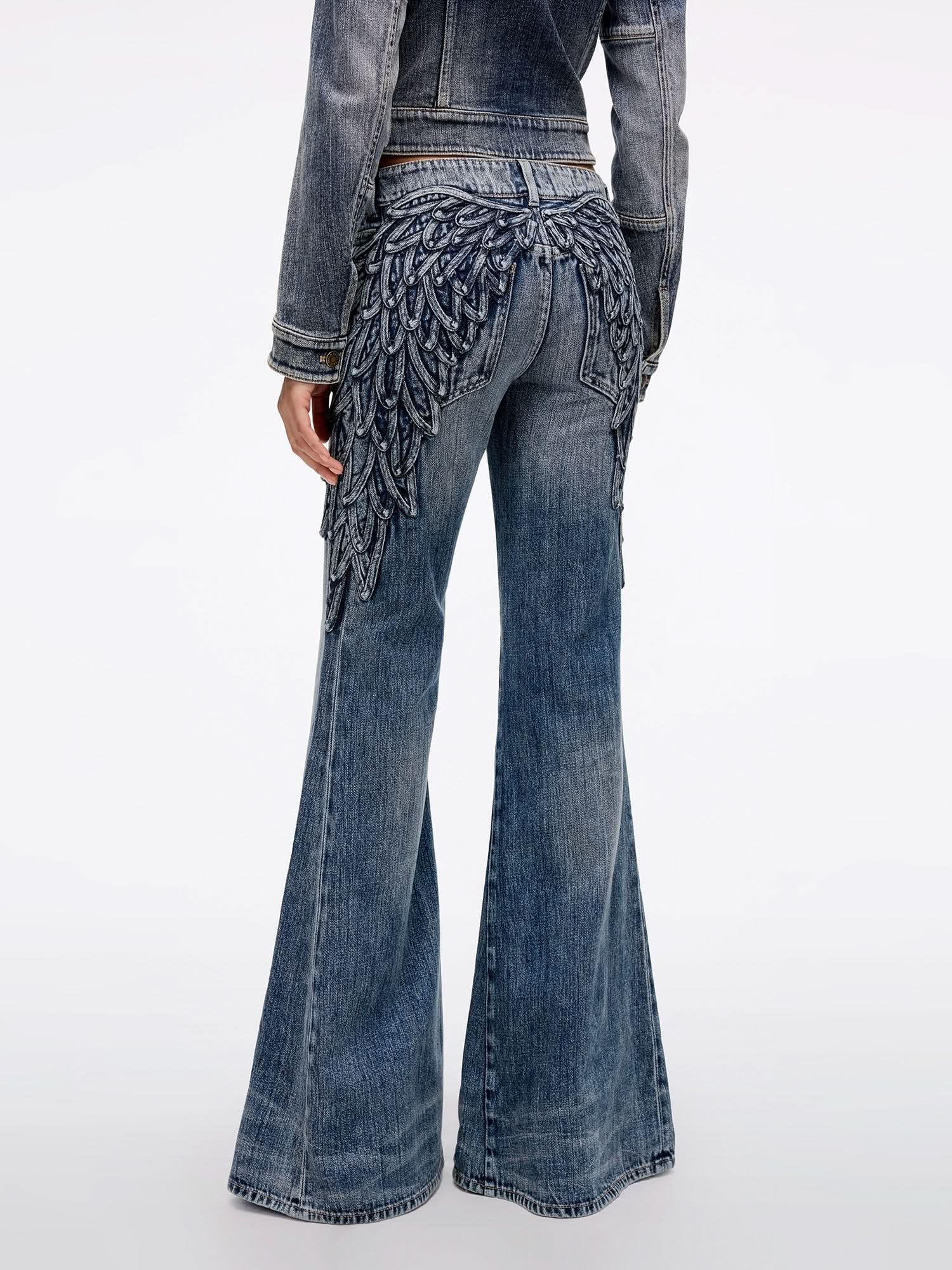 Wing-Embellished Beaded Flared Jeans