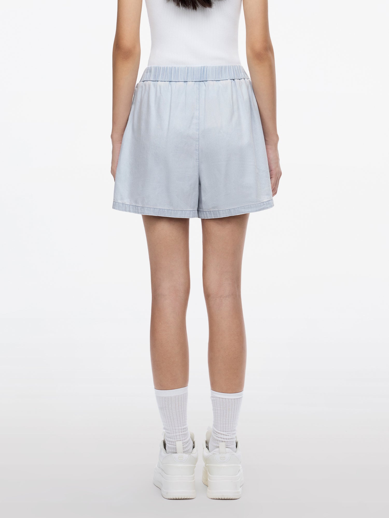 Elastic-Waist Straight Denim Shorts