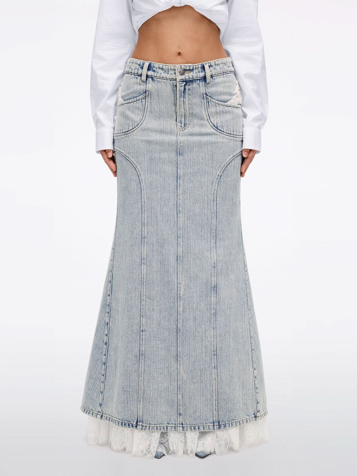 Beaded Lace Denim Maxi Skirt