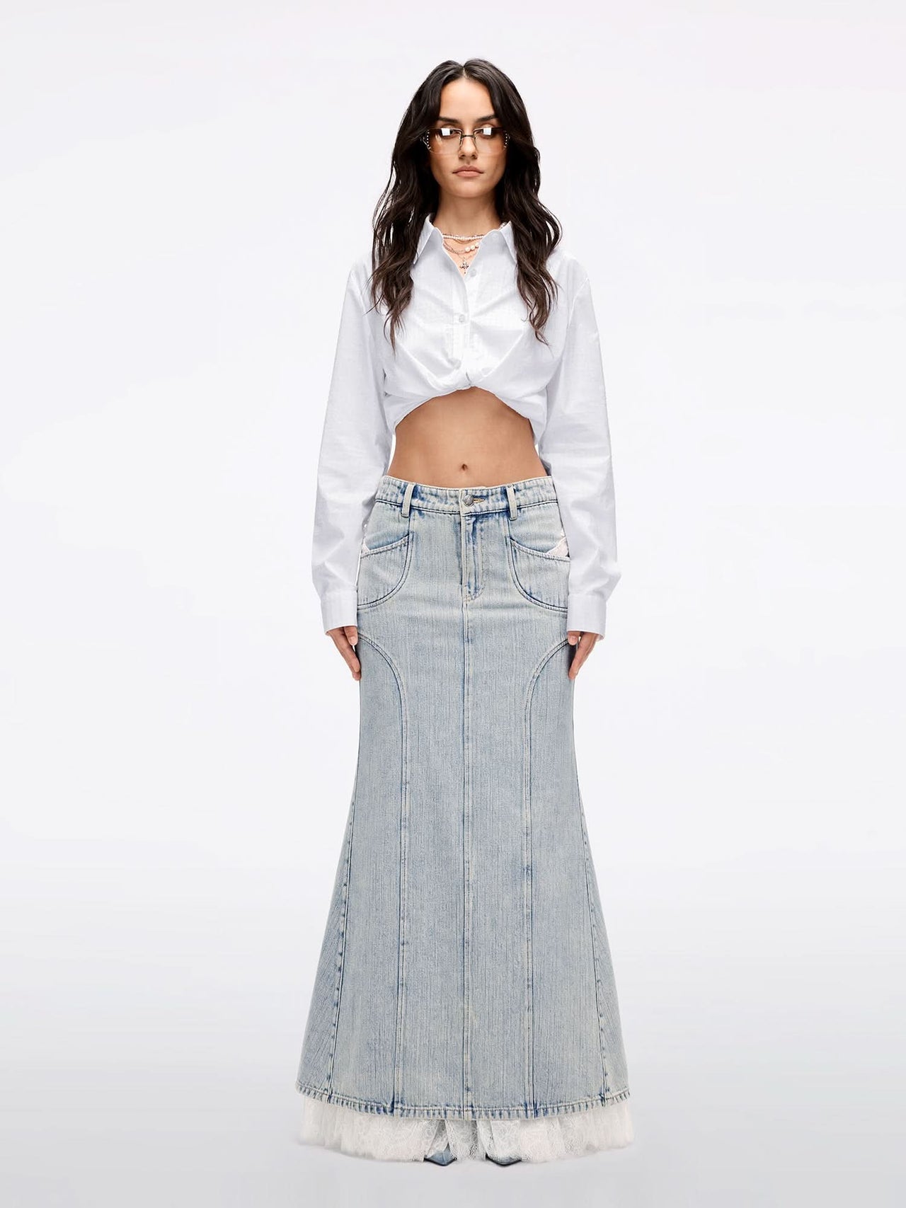 Beaded Lace Denim Maxi Skirt