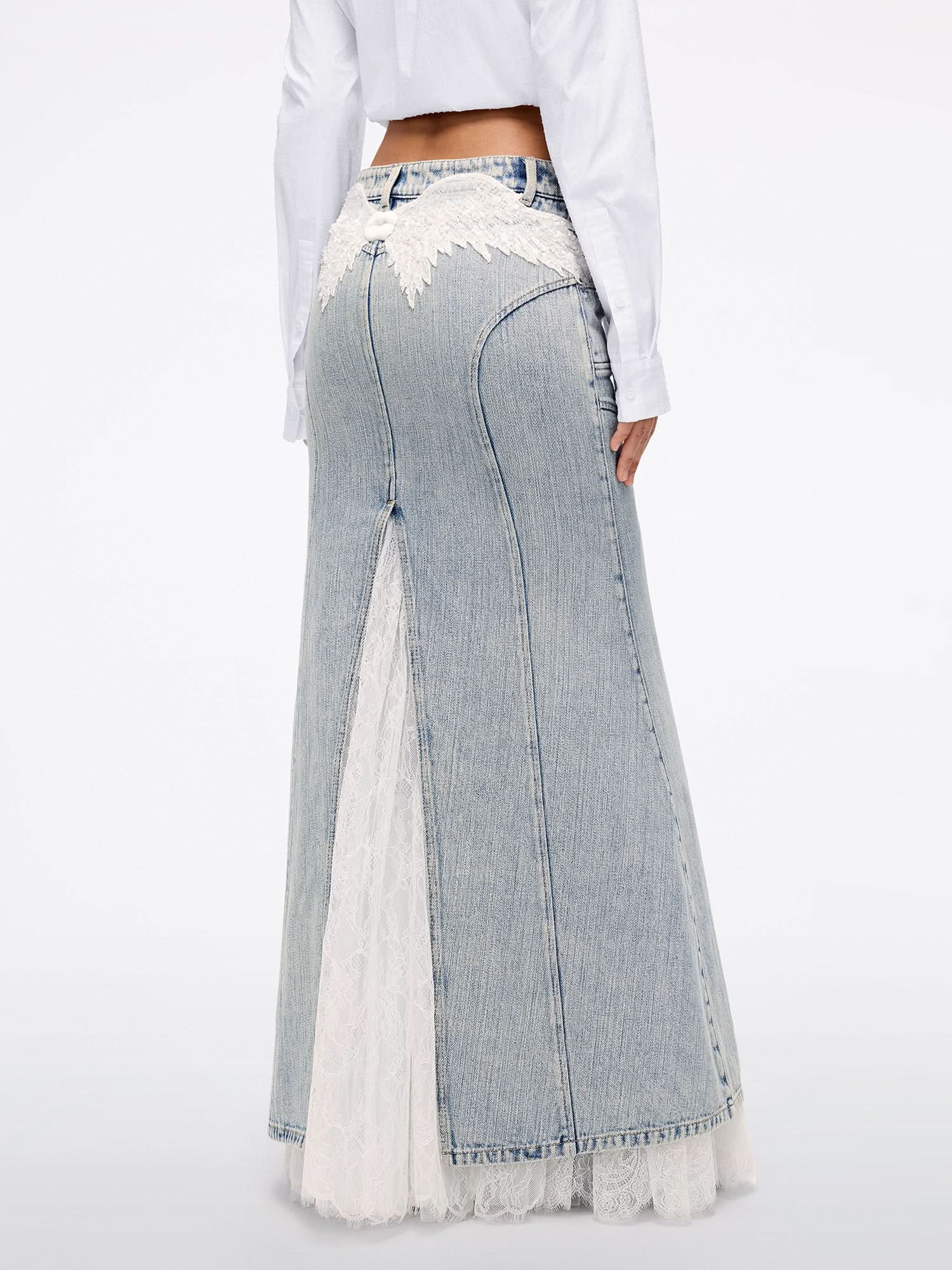 Beaded Lace Denim Maxi Skirt