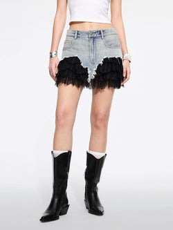 Lace Patchwork Denim Mini Skirt