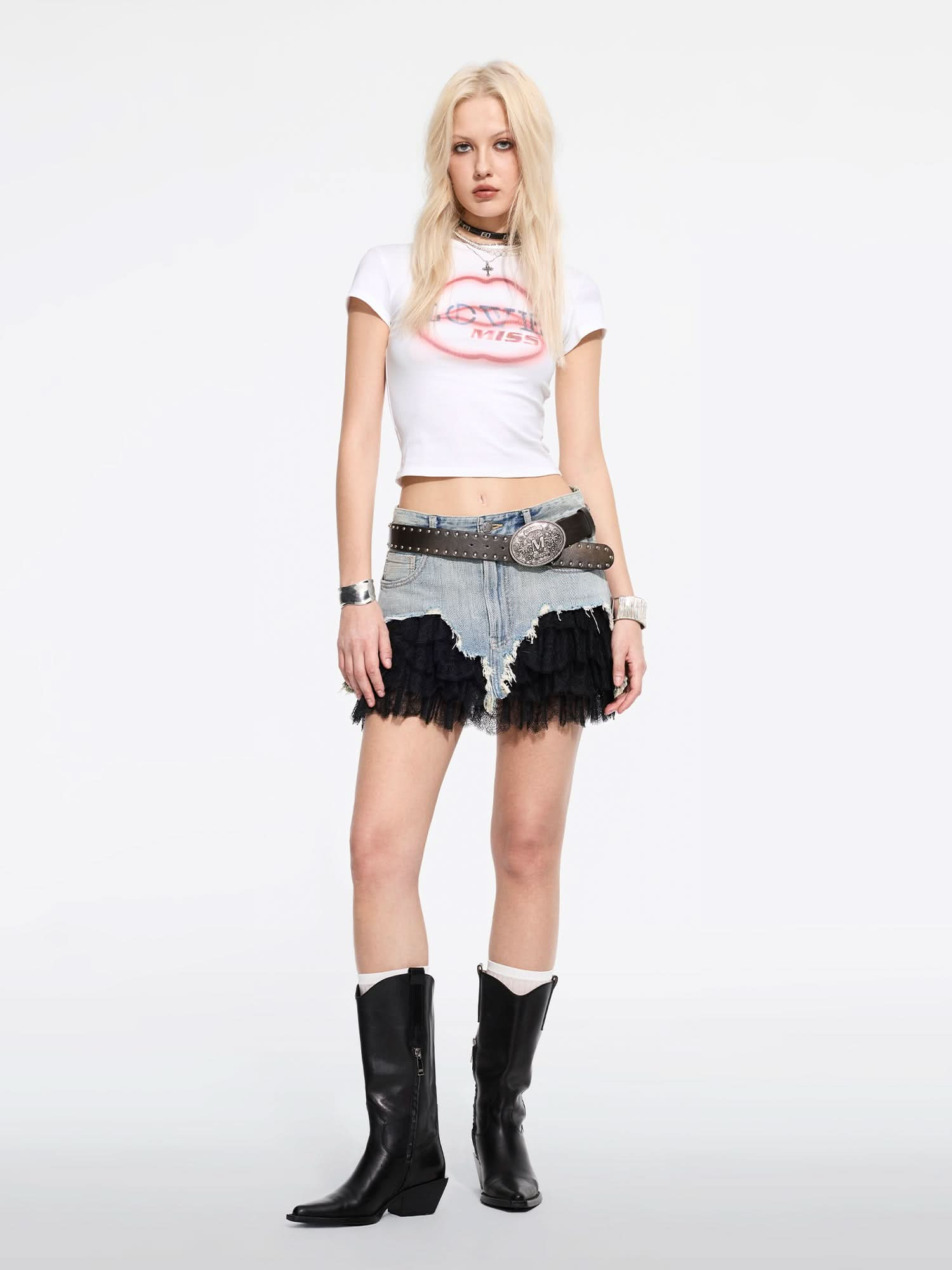 Lace Patchwork Denim Mini Skirt