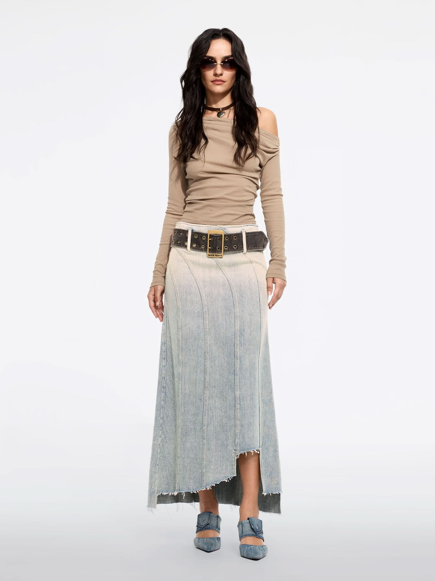 Asymmetric Denim Maxi Skirt