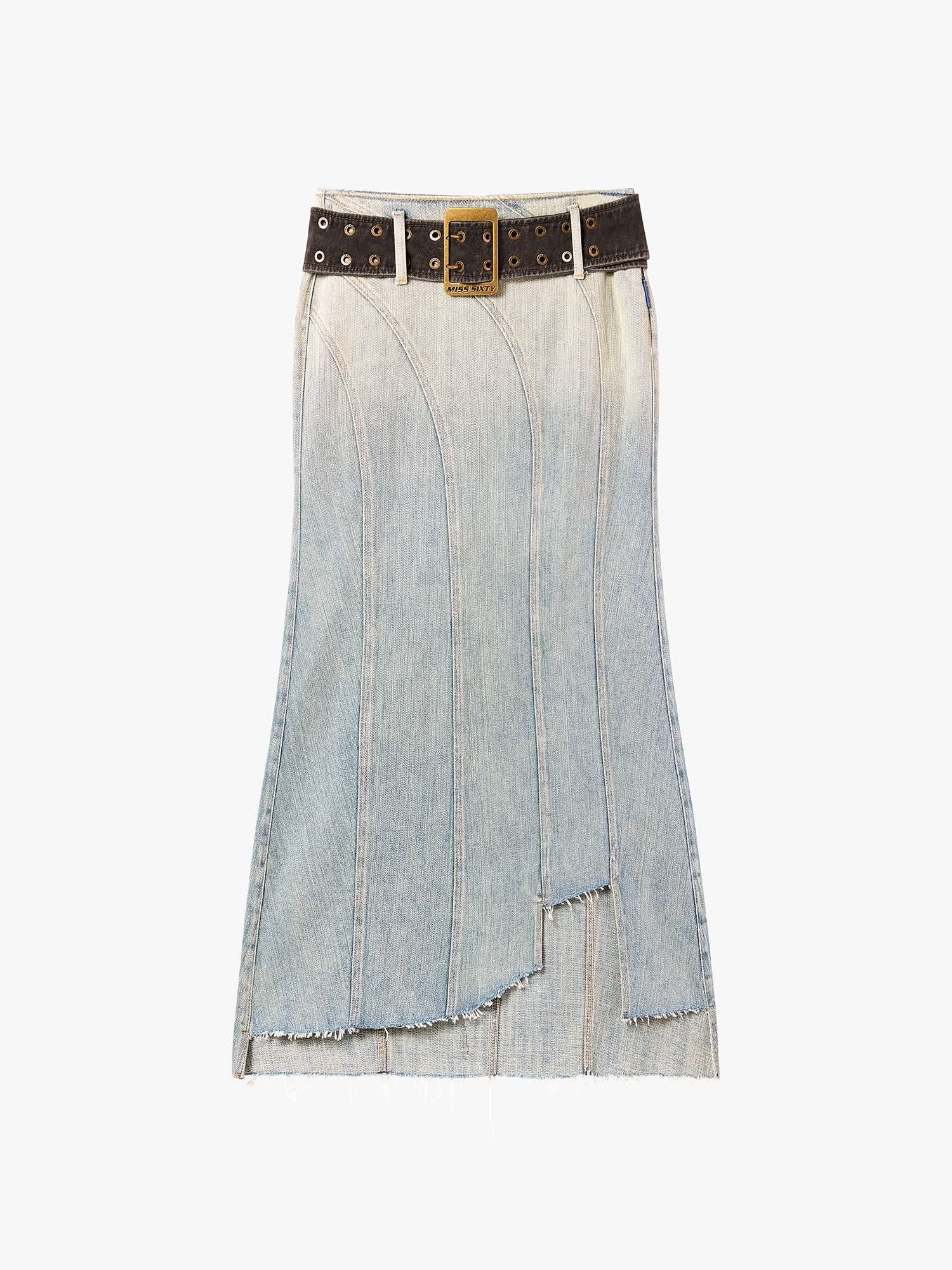 Asymmetric Denim Maxi Skirt