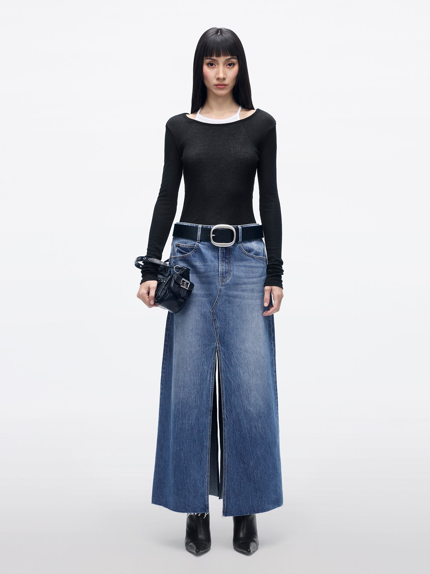 Double-Slit Long Denim Skirt