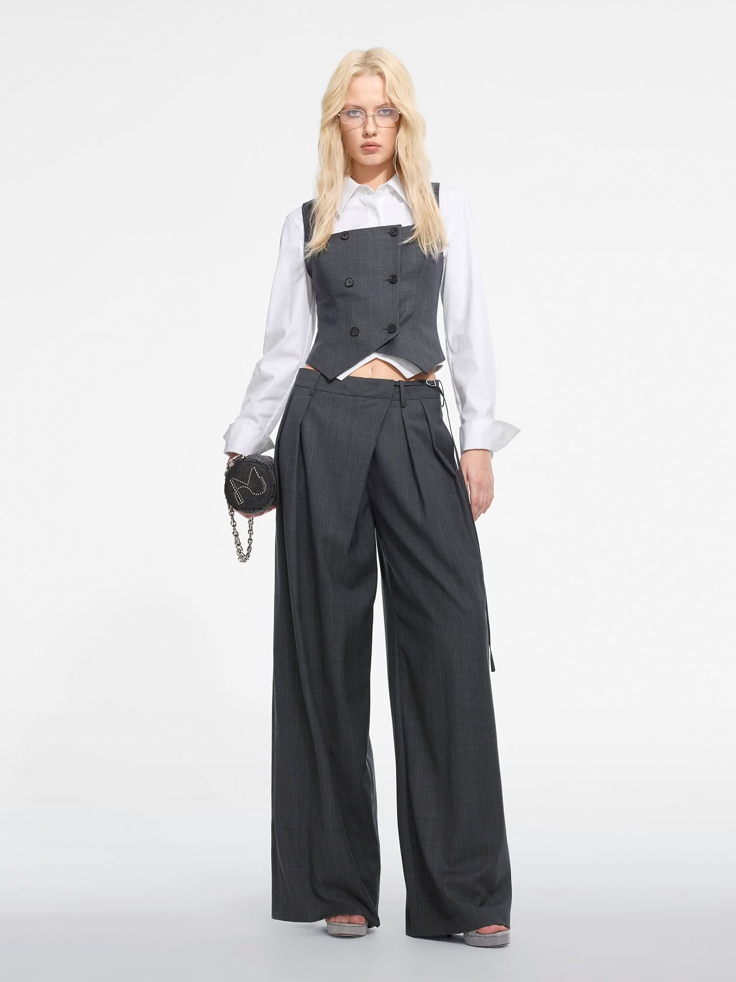 Wool Blend Pleated Straight-Leg Pants