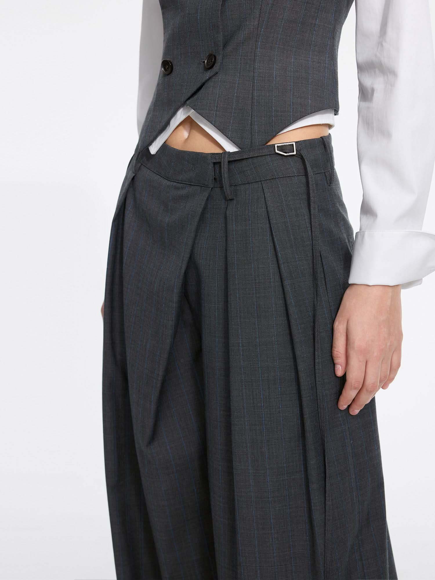 Wool Blend Pleated Straight-Leg Pants