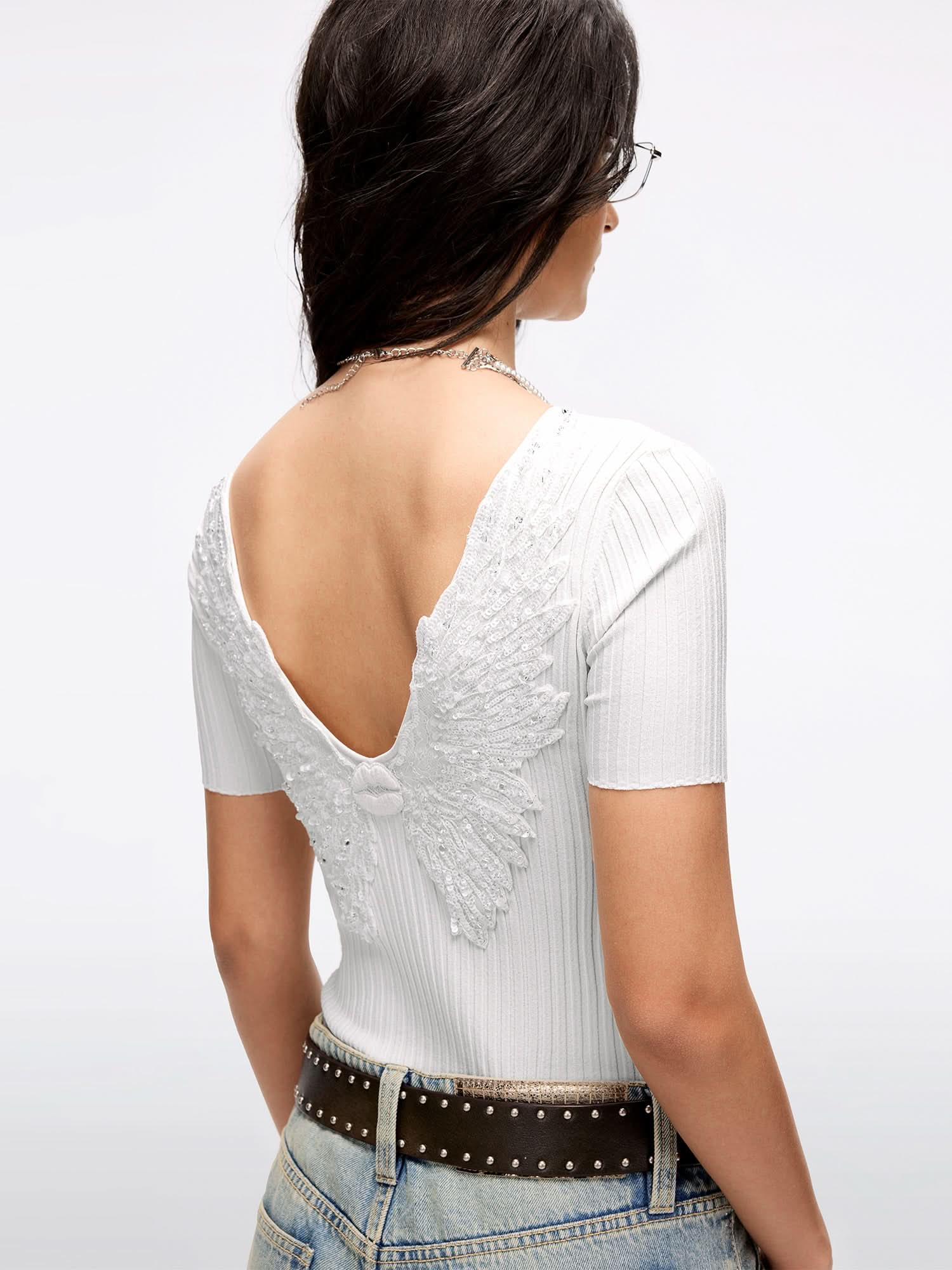 Wing-Embellished Beaded Knit Top