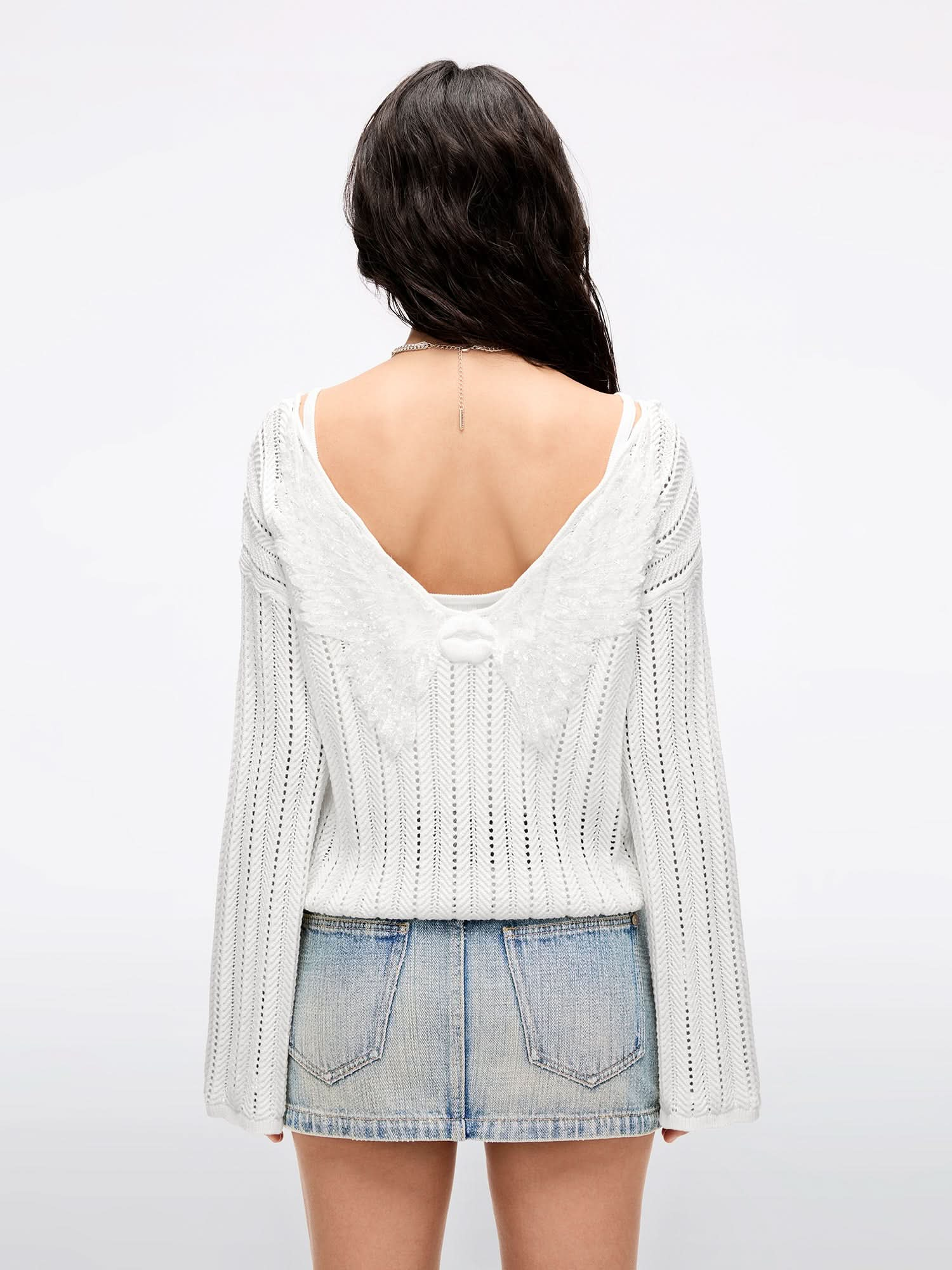 Wing-Embellished Beaded Knit Top