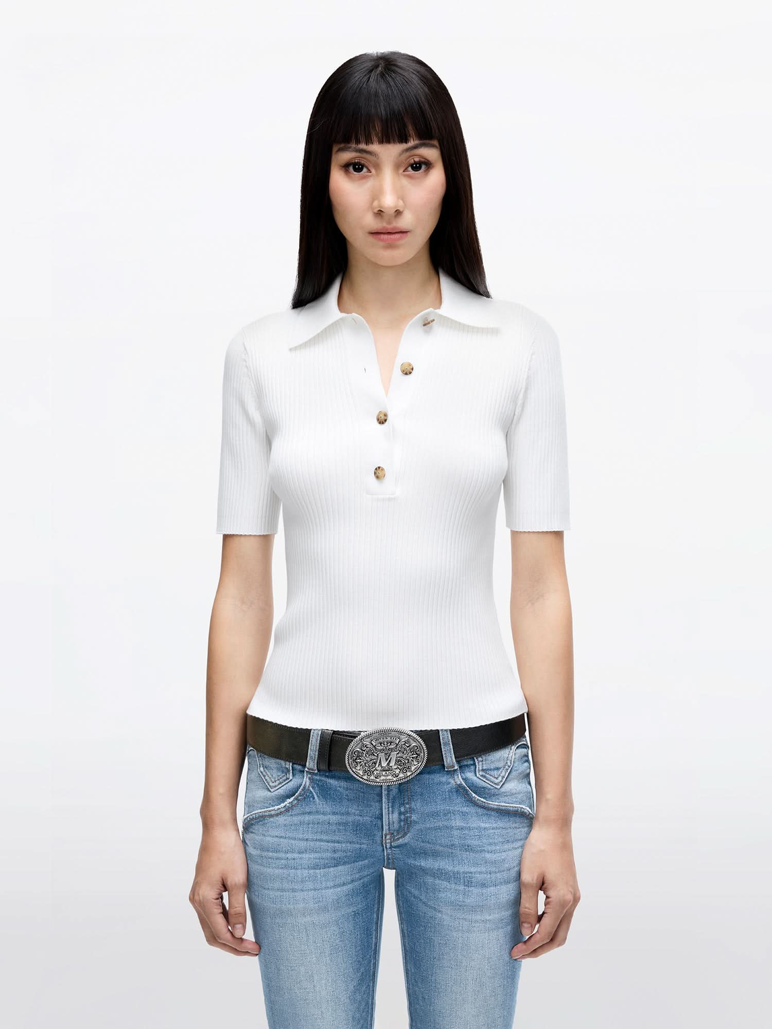 Polo Collar Cropped Knit Top