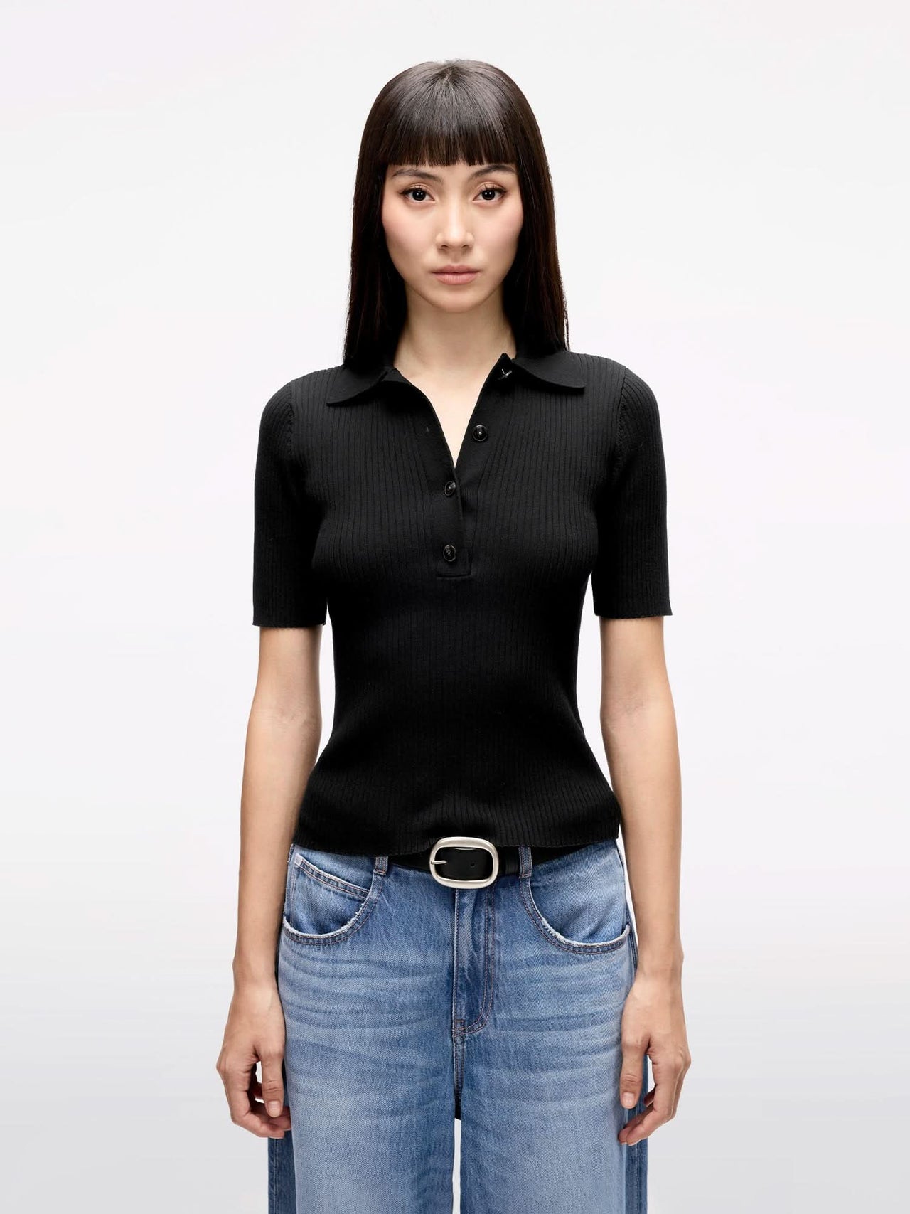 Polo Collar Cropped Knit Top