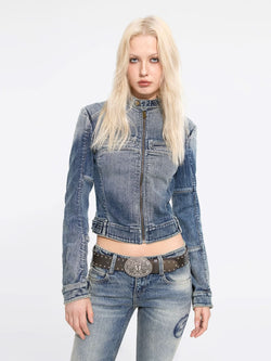 Zippered Cropped Denim Jacket