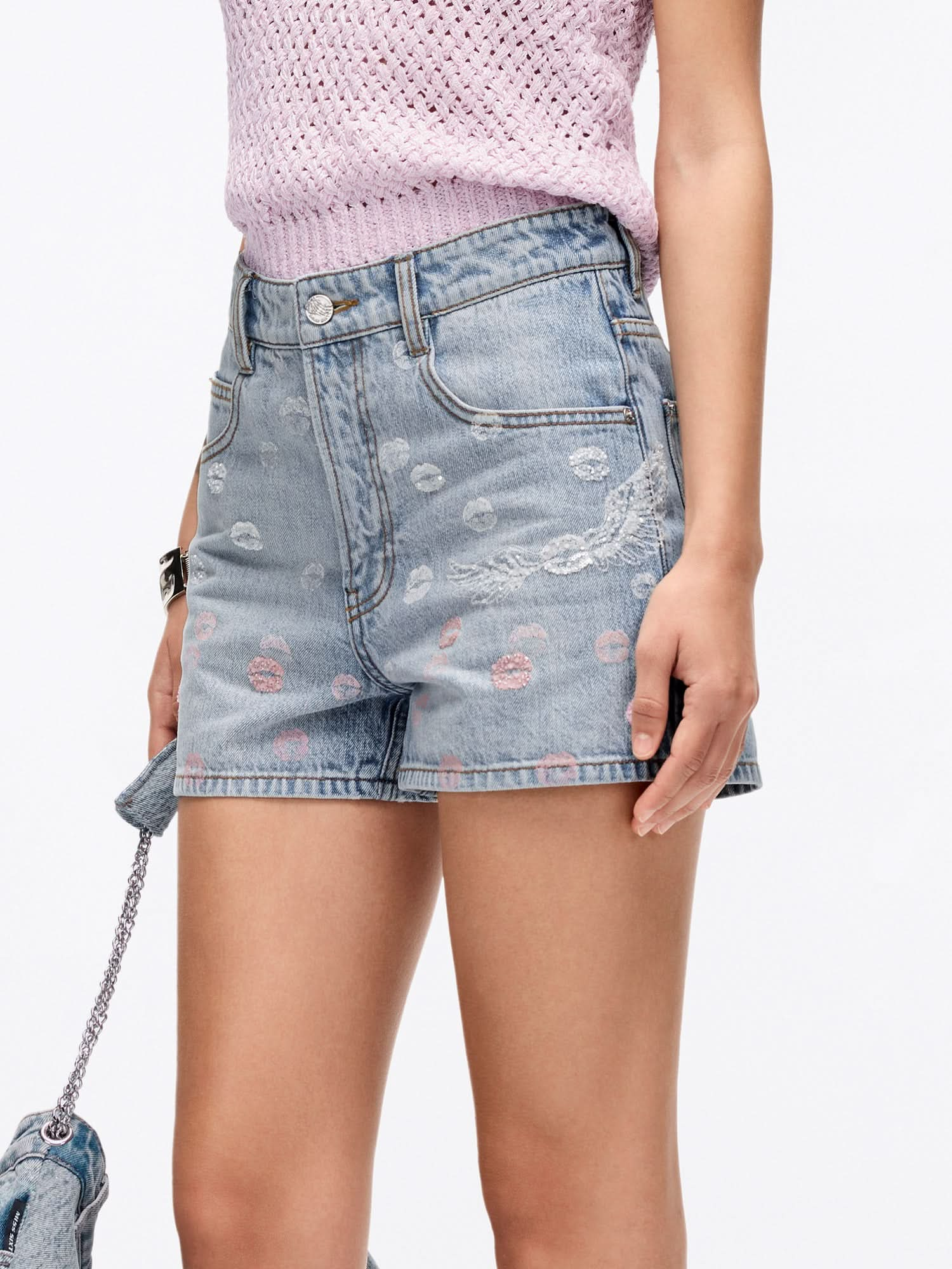 Wing-Embellished Beaded Denim Shorts