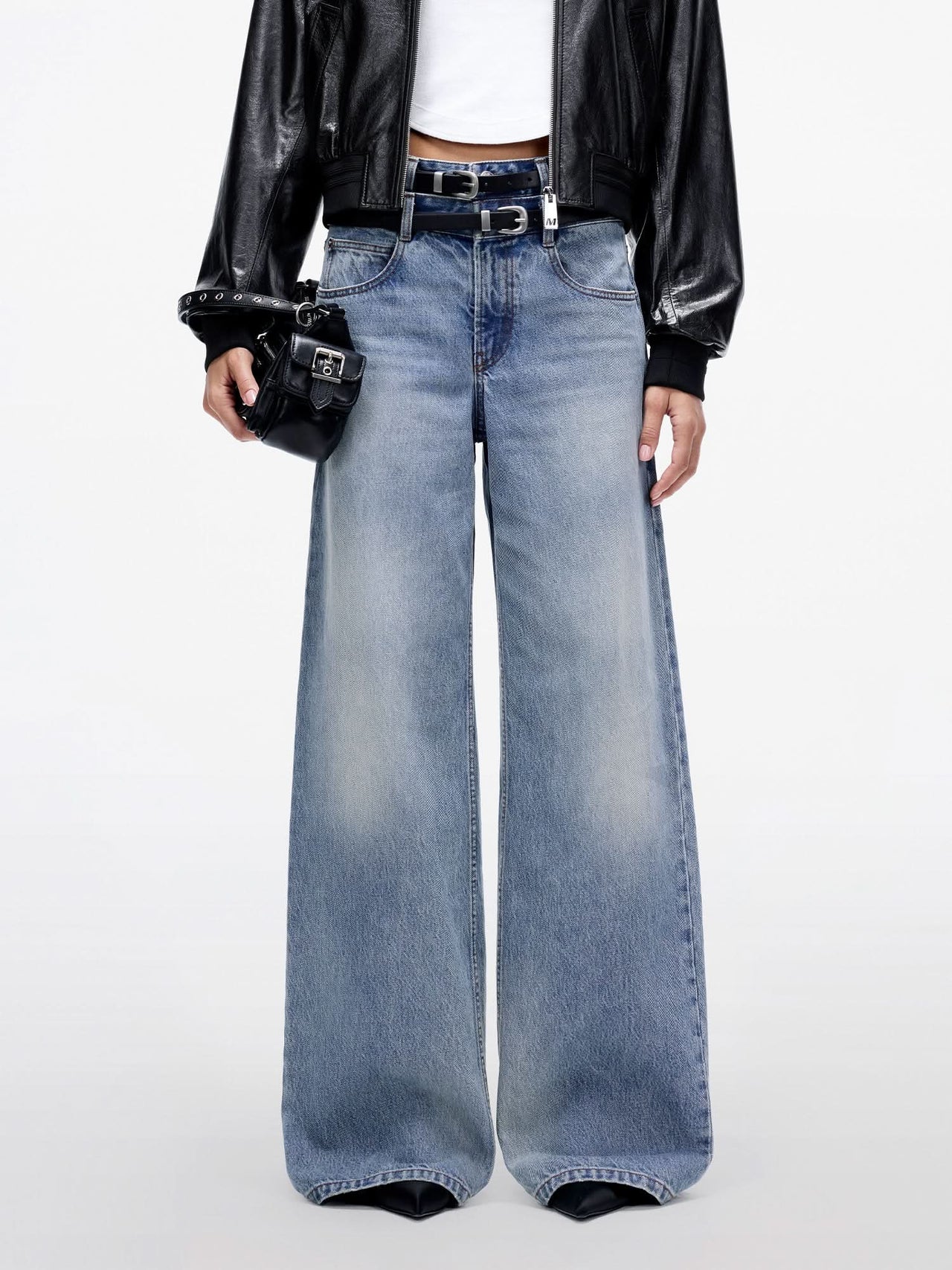 Double Belt High-Waisted Straight-Leg Jeans