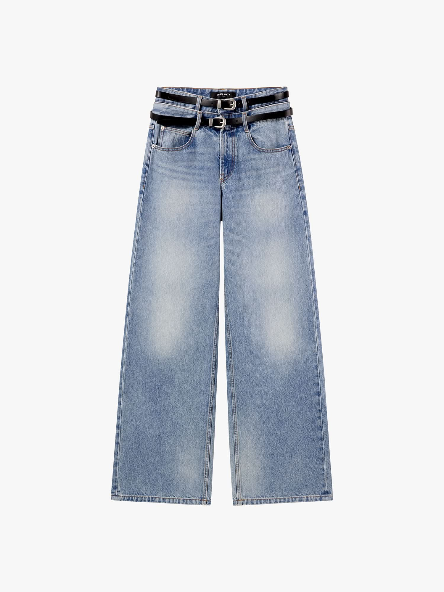 Double Belt High-Waisted Straight-Leg Jeans