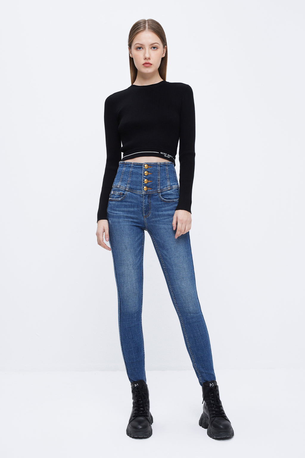 High Waisted Non-Stretch Quality Asymmetrical Waist and Hollow out