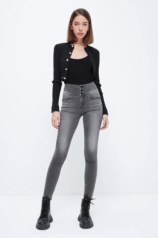 High Rise Black And Gray Cotton Stretch Skinny Jeans