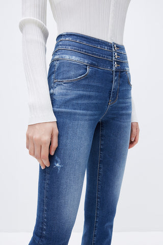 Cotton Elastic Retro High Waist Bootcut Jeans