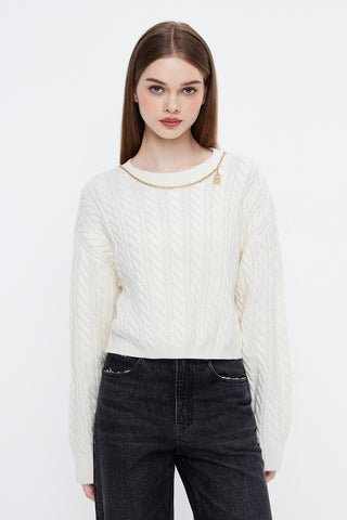 Vintage Braided Sweater With Metallic Chain