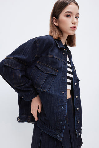 Dark Blue Vintage Cargo Style Denim Jacket
