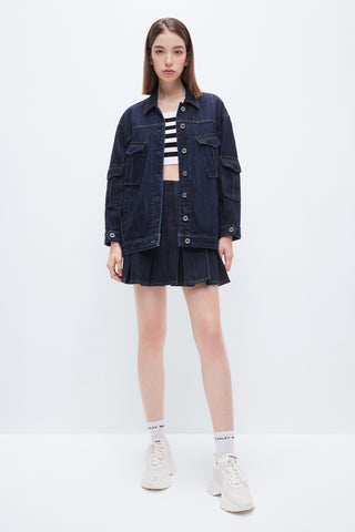 Dark Blue Vintage Cargo Style Denim Jacket