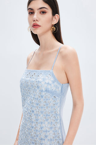 Light Blue Denim Dress With Delicate Embroidered
