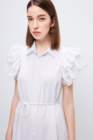 White Flutter Sleeve Shirt Dress